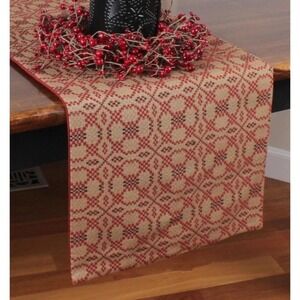 Primitive Colonial Farmhouse Kendall Jacquard Coverlet Red Table Runner 14" x 36